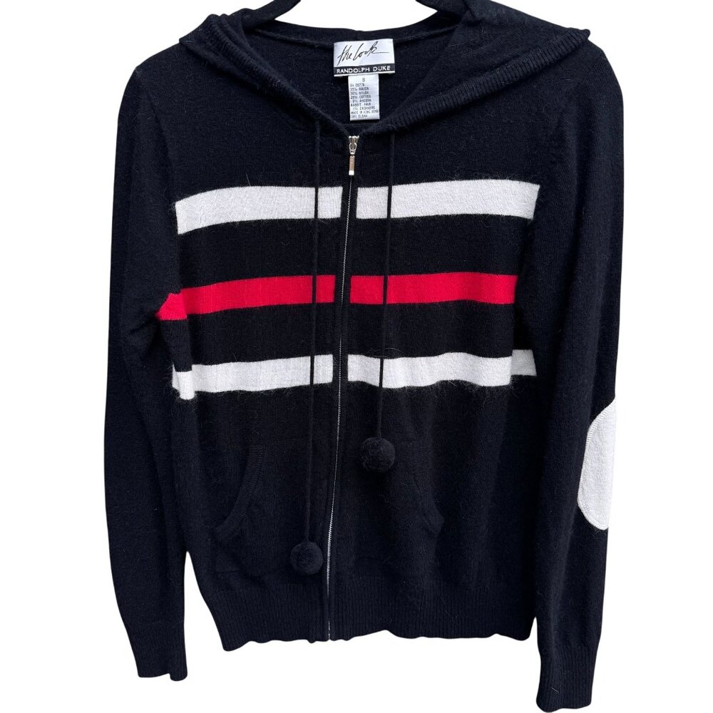 Randolph Duke Womens Black Hooded Striped Knit Cardigan Sweater Elbow Patches S‎